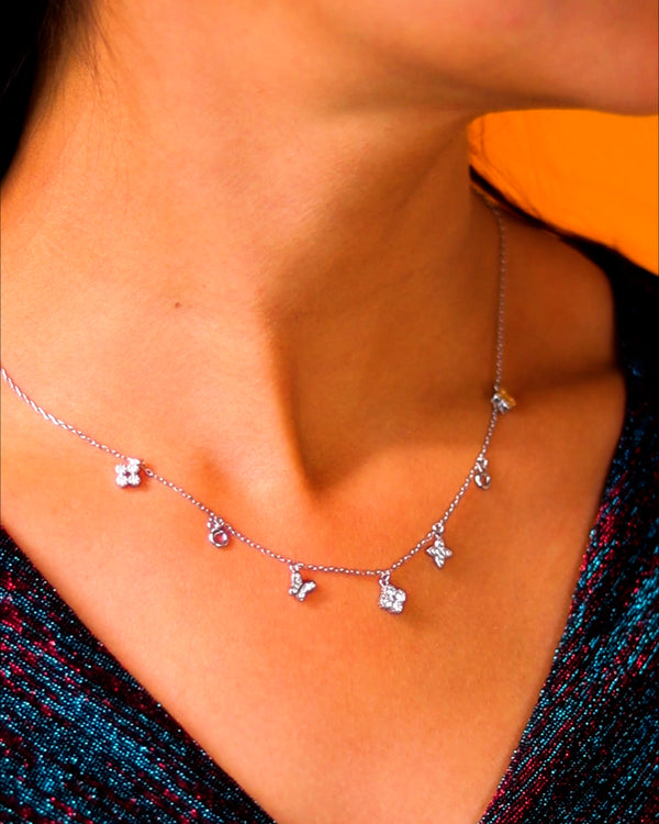 925 Sterling Silver Butterfly & Heart Multi Charm Necklace with Cubic Zirconia