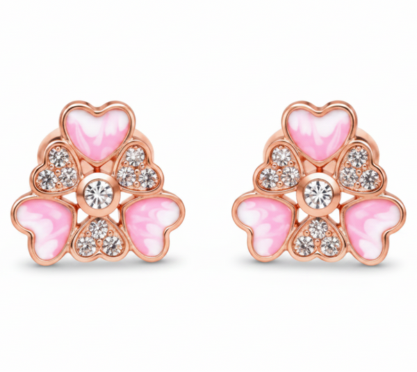 Pink heart cluster stud earrings with rose gold setting and CZ accents