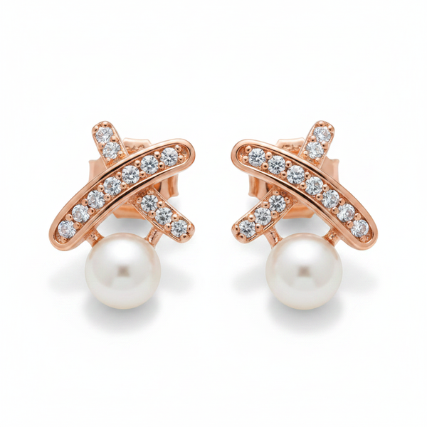 CZ X Bar Pearl Stud Earrings - Hero Pair Shot