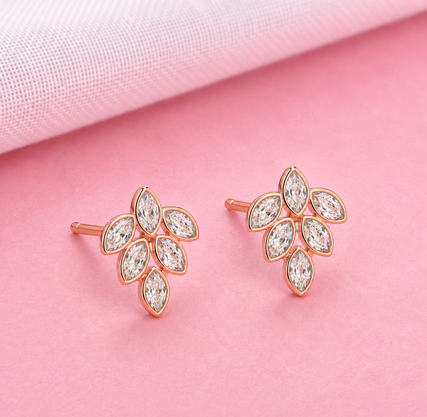 Pure 925 Silver Marquise CZ Leaf Studs | Pure 925 Silver Rose Gold Finish BIS Hallmarked | Tavshan