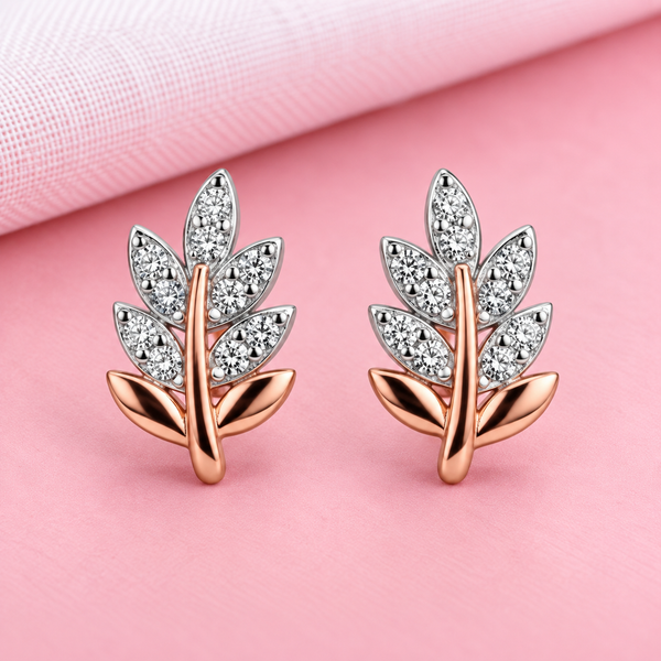 CZ Leaf Sprig Stud Earrings | Pure 925 Silver Rose Gold & Rhodium Finish BIS Hallmarked | Tavshan