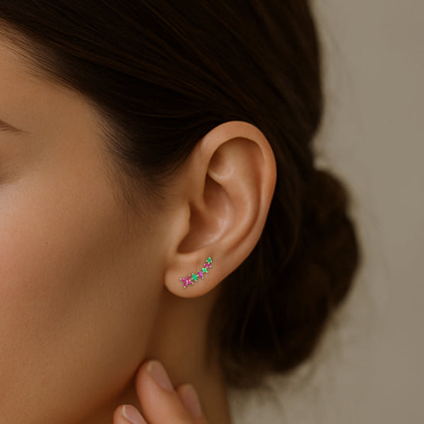 Pink & Green CZ Cluster Ear Cuff / Bluetooth Earring – 925 Sterling Silver with Gold Plating