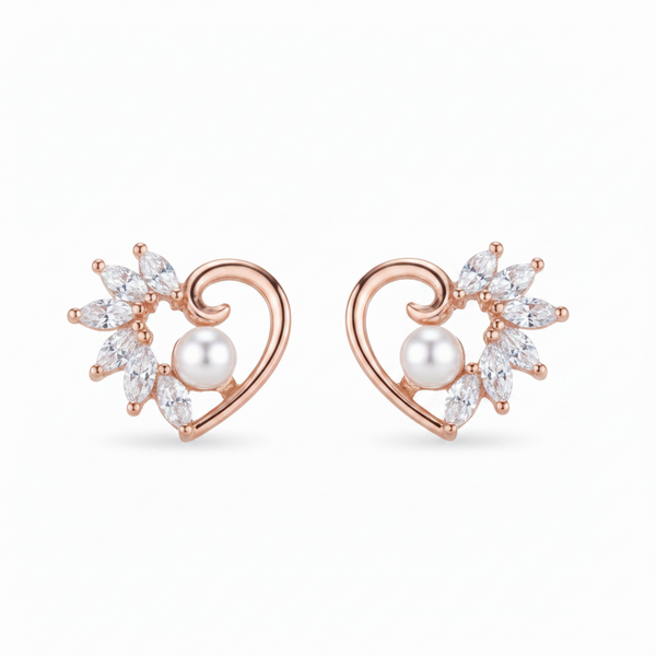 Marquise CZ Pearl Heart Stud Earrings | Pure 925 Silver Rose Gold Finish BIS Hallmarked | Tavshan