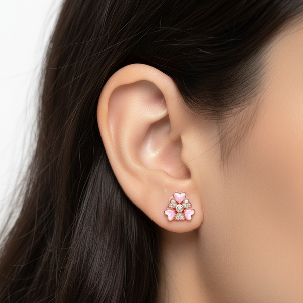 Pink Heart Studs – Petite Scale on Ear