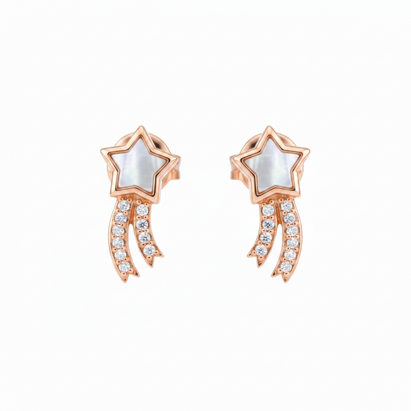 MOP Star Dual Tail Stud Earrings | Pure 925 Silver Rose Gold Finish BIS Hallmarked | Tavshan