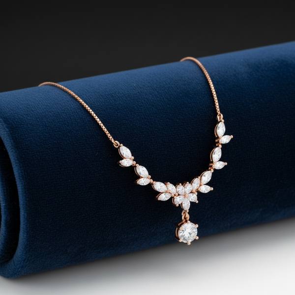 Marquise Floral Drop Necklace | Pure 925 Silver Rose Gold Finish BIS Hallmarked | Tavshan