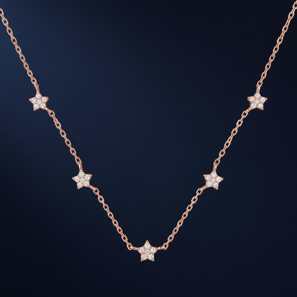 CZ Star Station Pendant Necklace | Pure 925 Silver Rose Gold Finish BIS Hallmarked | Tavshan
