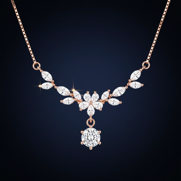 Marquise Floral Drop Necklace | Pure 925 Silver Rose Gold Finish BIS Hallmarked | Tavshan